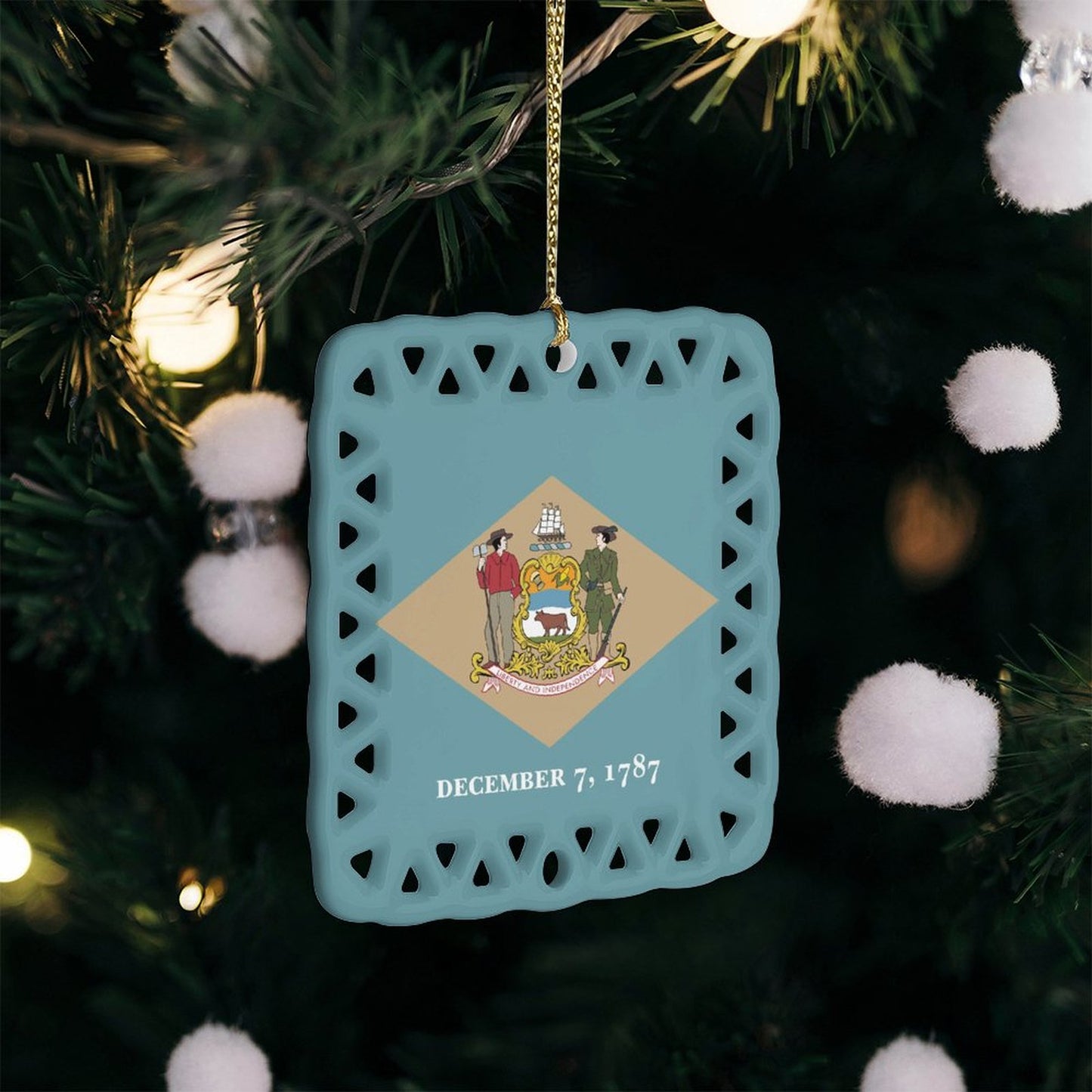 Delaware Flag Inspired Square Ceramic Ornament Made in the USA
