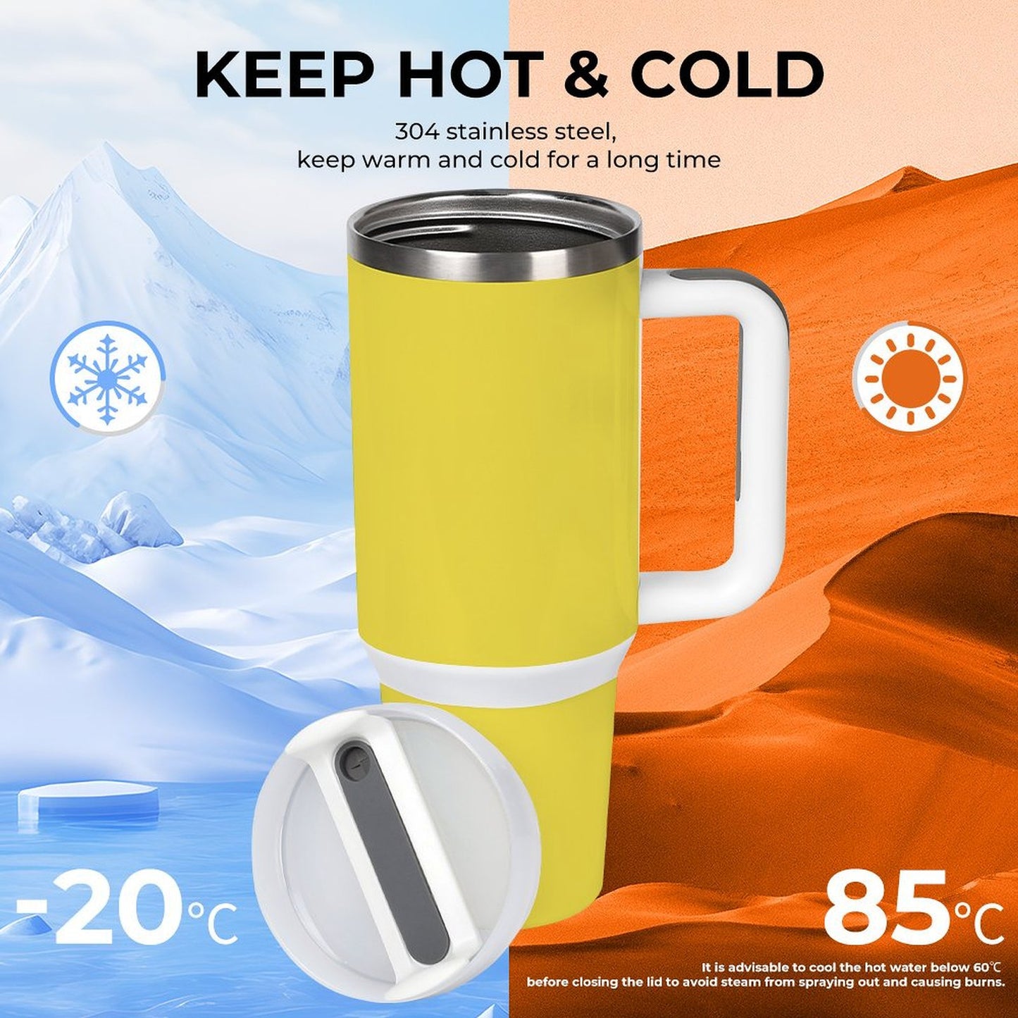 Yellow [Brand] mug for hot or cold beverages, outdoors.