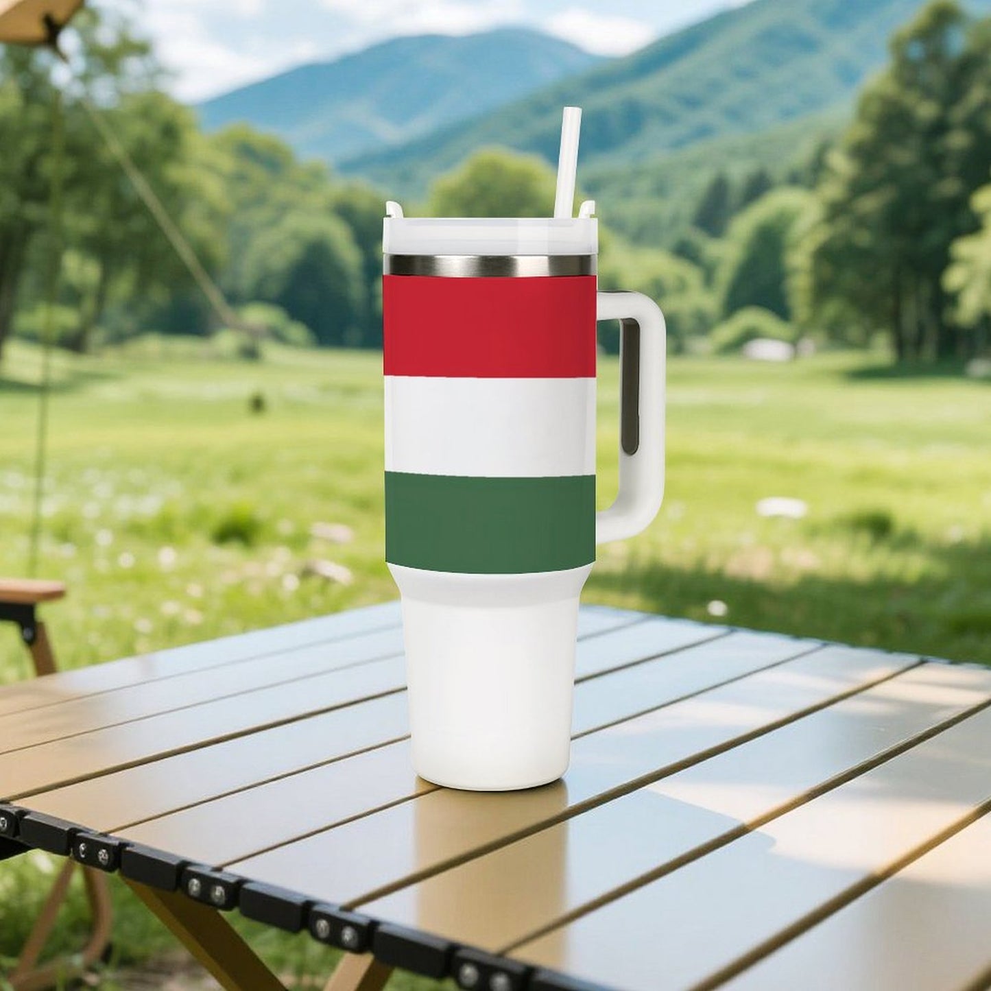 [Brand] tumbler with striped design on outdoor table background.