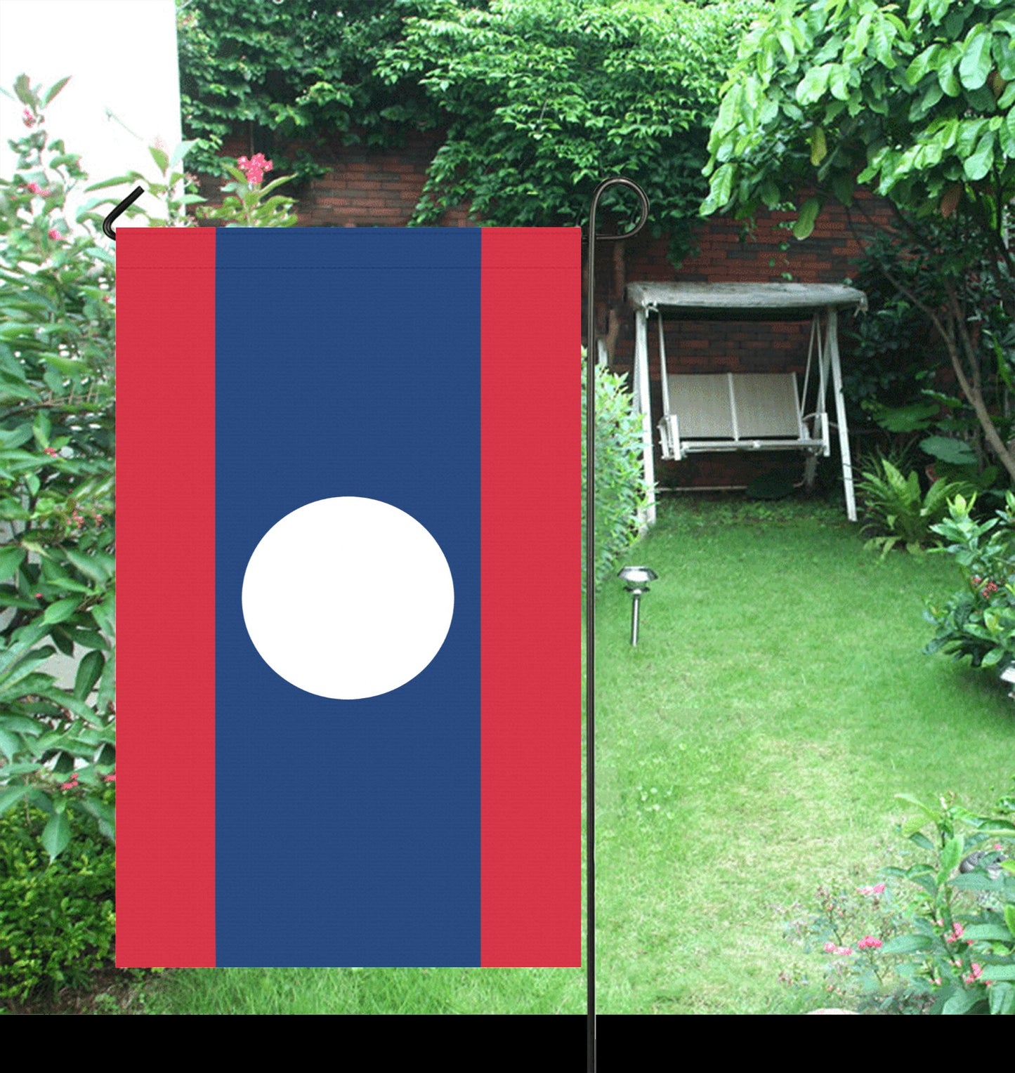 Luv My Flag Laos banner in a lush garden.
