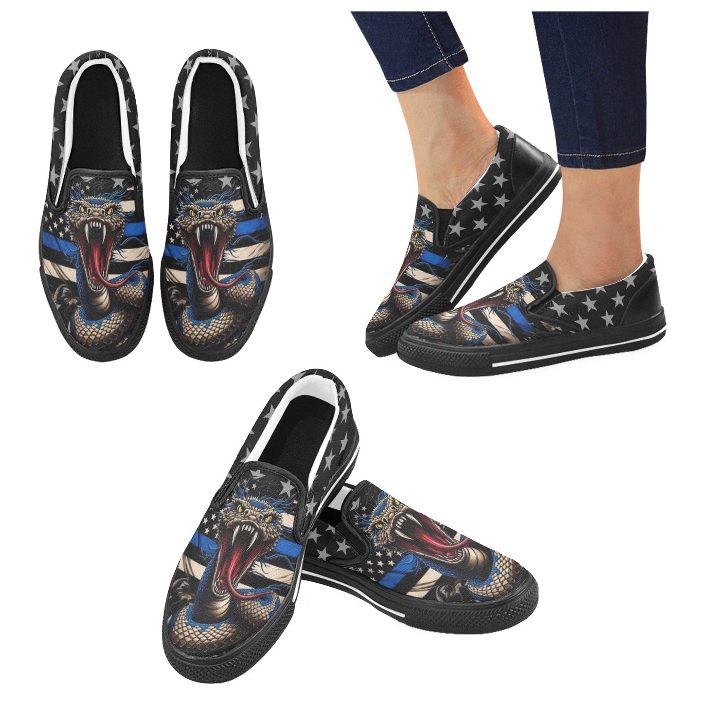 Thin Blue Line Flag Inspired Snake Slip-on Canvas Men's Shoes (Model019)(Two Shoes With Different Printing)