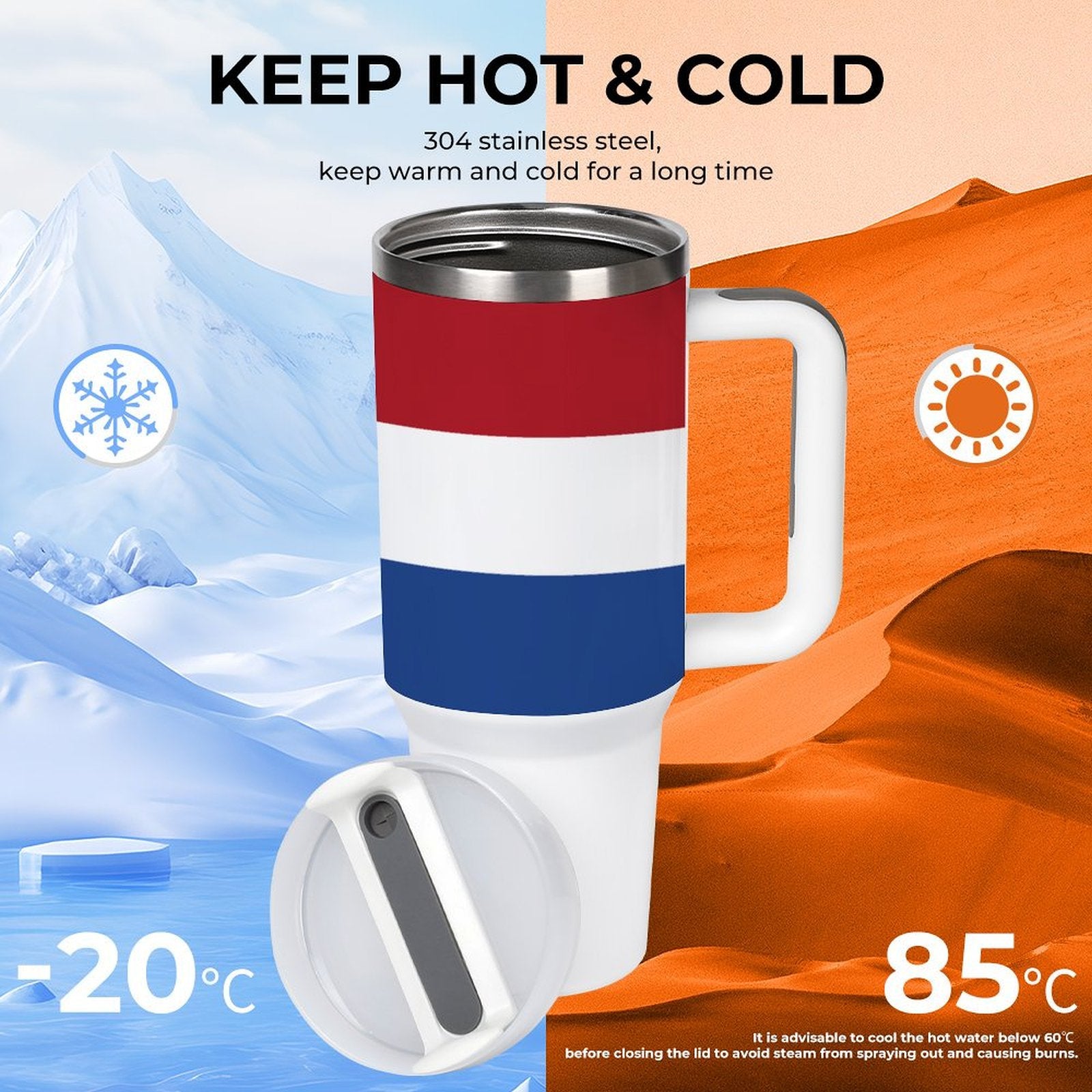 [Brand] insulated mug keeps beverages hot or cold effectively.