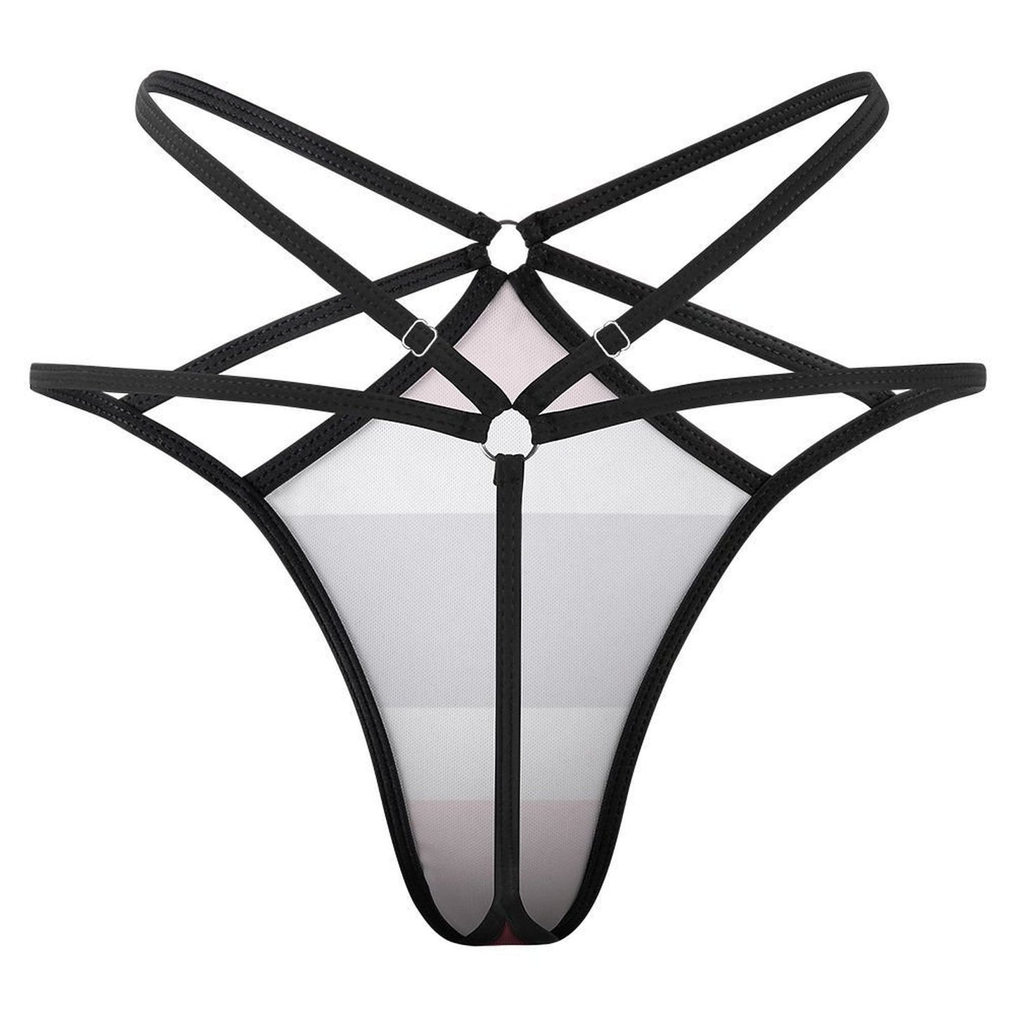 [Brand] strappy black harness-style lingerie with sheer panels.