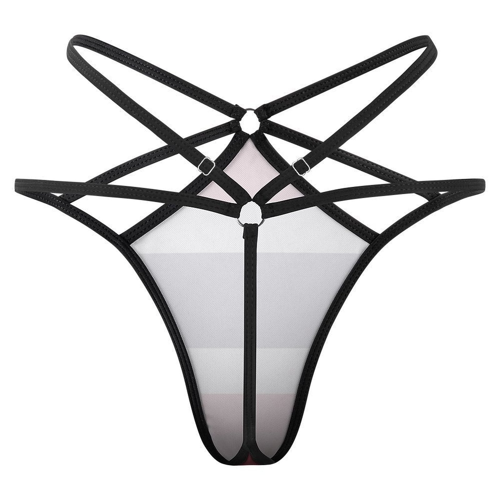 [Brand] strappy black harness-style lingerie with sheer panels.