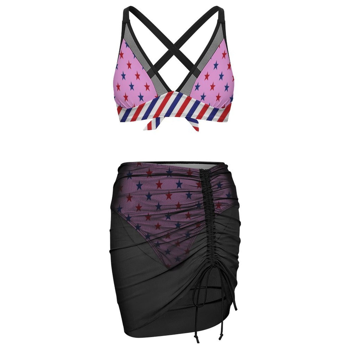 USA/American Flag Inspired Red & Blue Stars & Stripes Pattern Women's Mesh Drawstring Skirt and Swimsuit Set