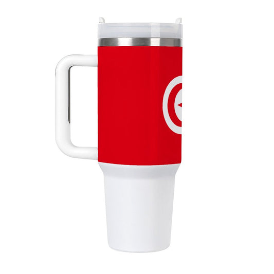 Red and white insulated travel mug with handle, [Brand].