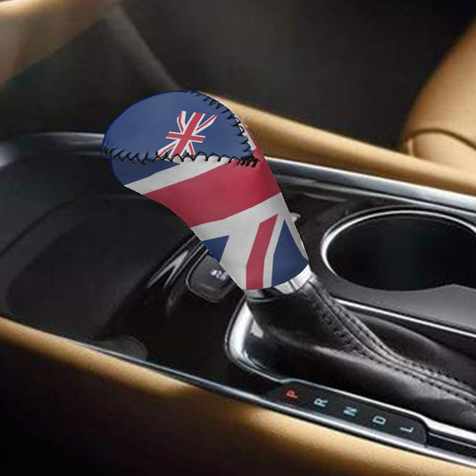 Gear shift covered with Union Jack by [Brand], car interior.