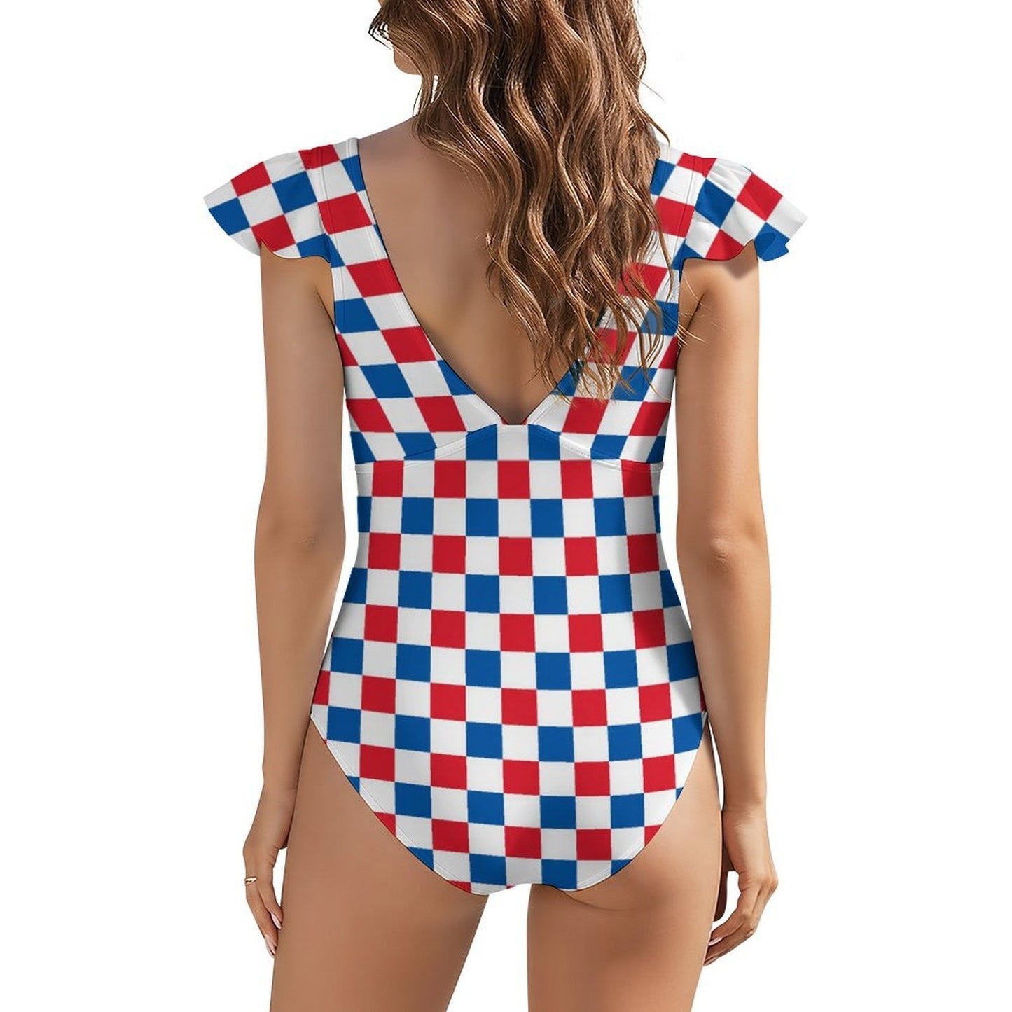 USA/American Flag Inspired Checkered Pattern Women's V-neck Ruffle Sleeve One Piece Swimsuit