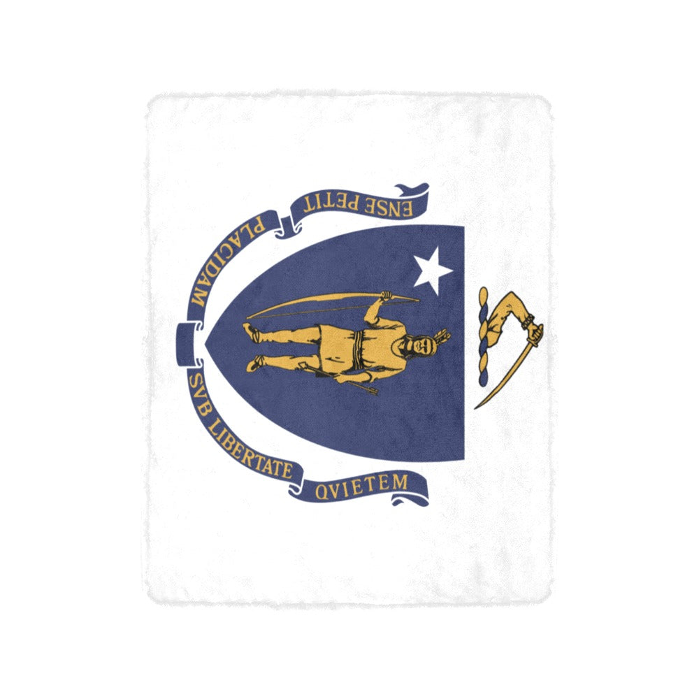 White blanket featuring Massachusetts flag design by Luv My Flag.