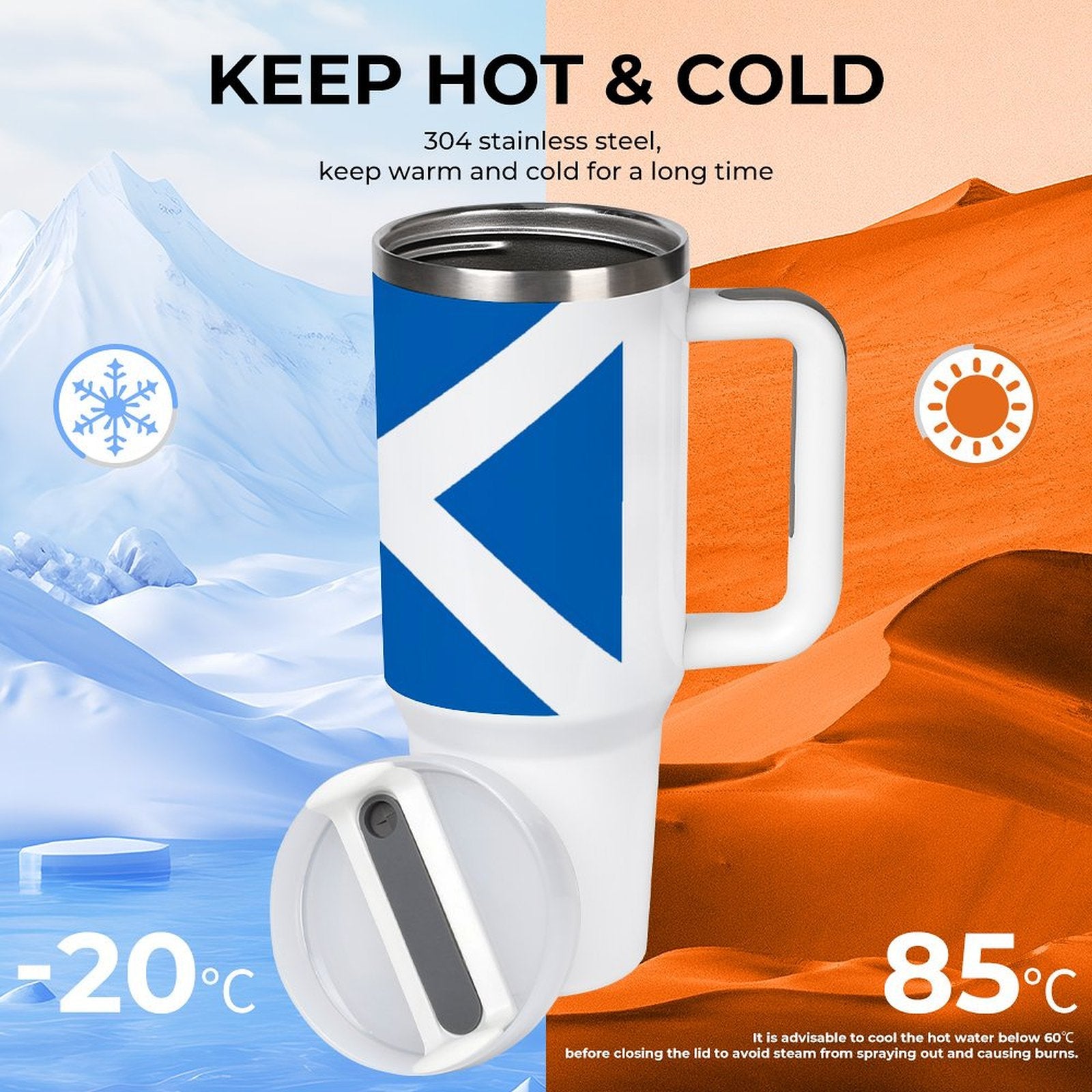 [Brand] insulated mug for hot and cold beverages, stylish design.
