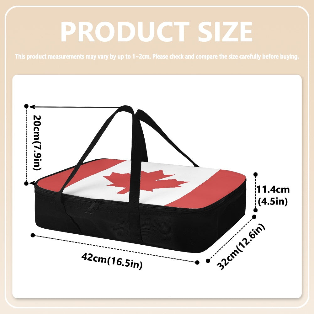 [Brand] black storage bag with Canadian flag design, dimensions.