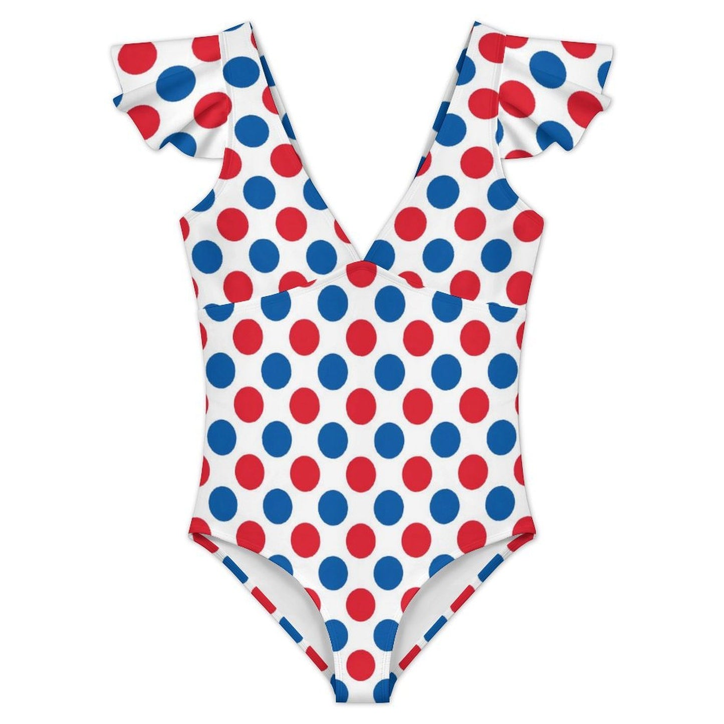 USA/American Flag Inspired Polka Dot Pattern Women's V-neck Ruffle Sleeve One Piece Swimsuit