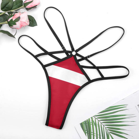 Red and white [Brand] strappy bikini on white background.