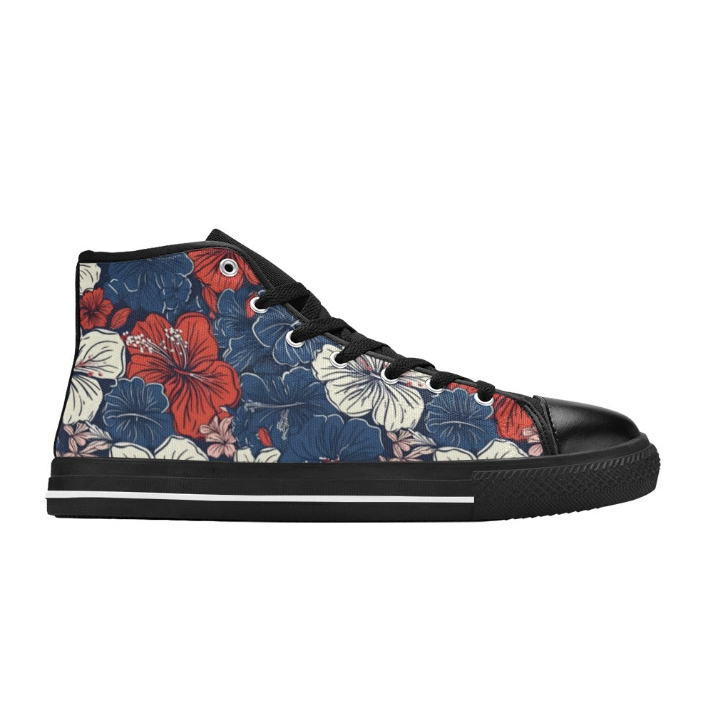 USA/American Flag Inspired Hawaiian Floral Pattern Kid's High Top Canvas Shoes