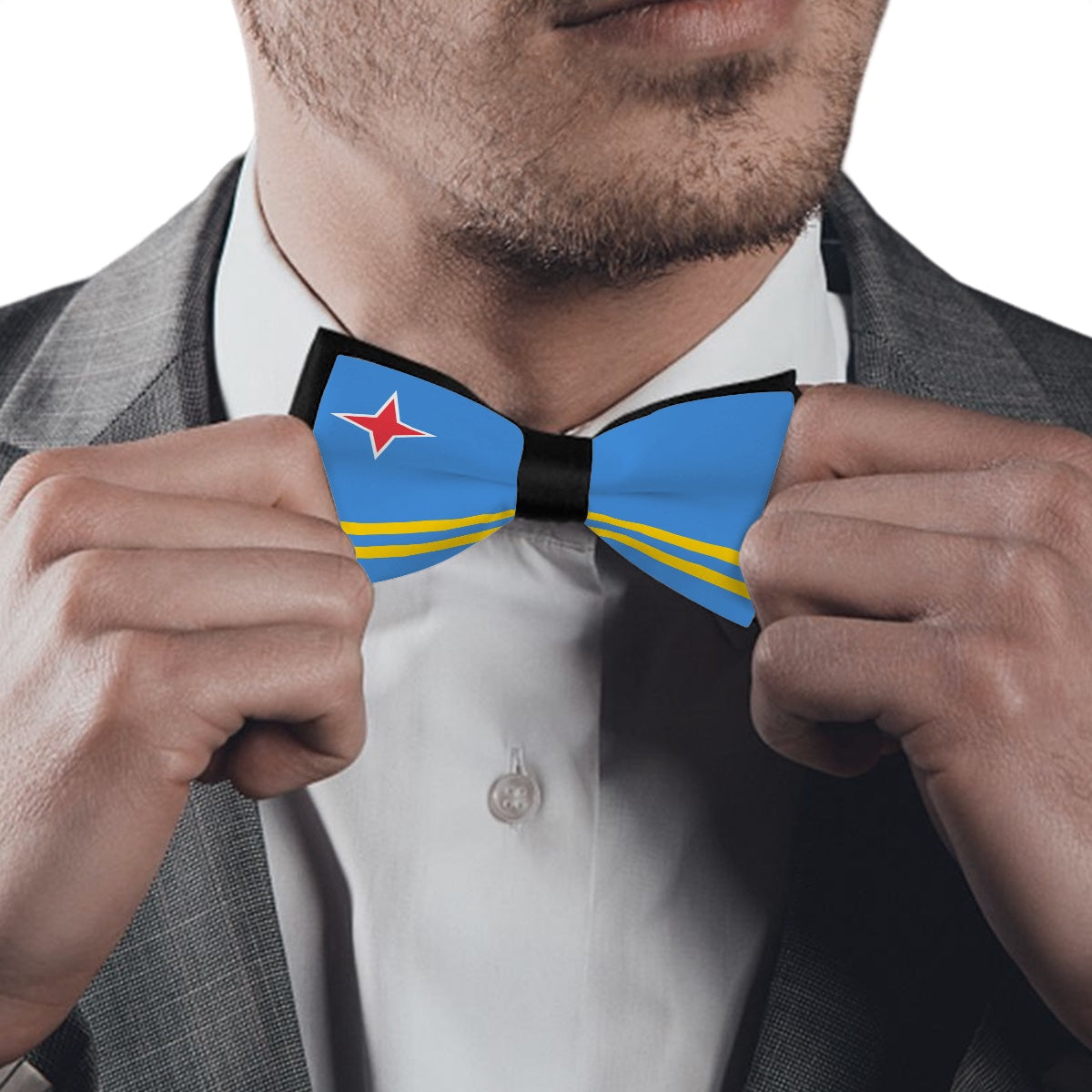 Man adjusts [Brand] bow tie with blue and red design.
