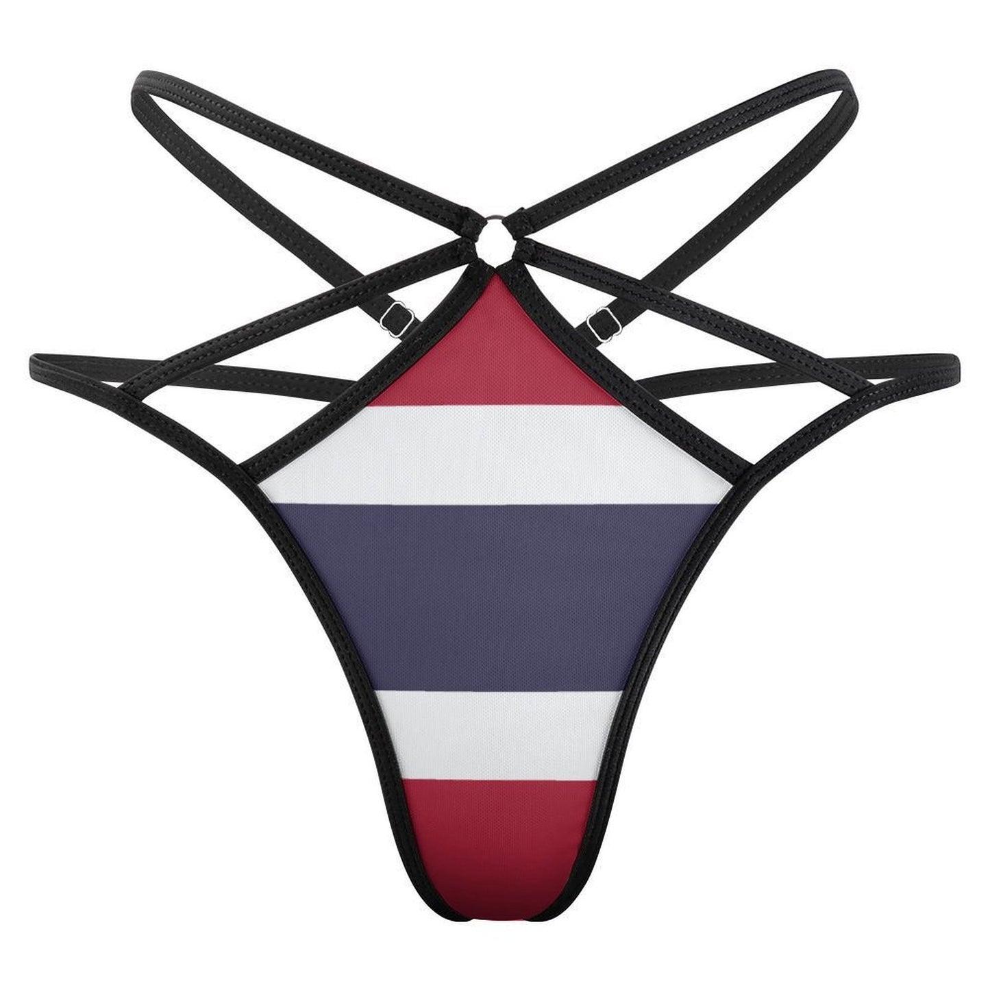 [Brand] strappy black harness bikini bottom with red, white, blue.