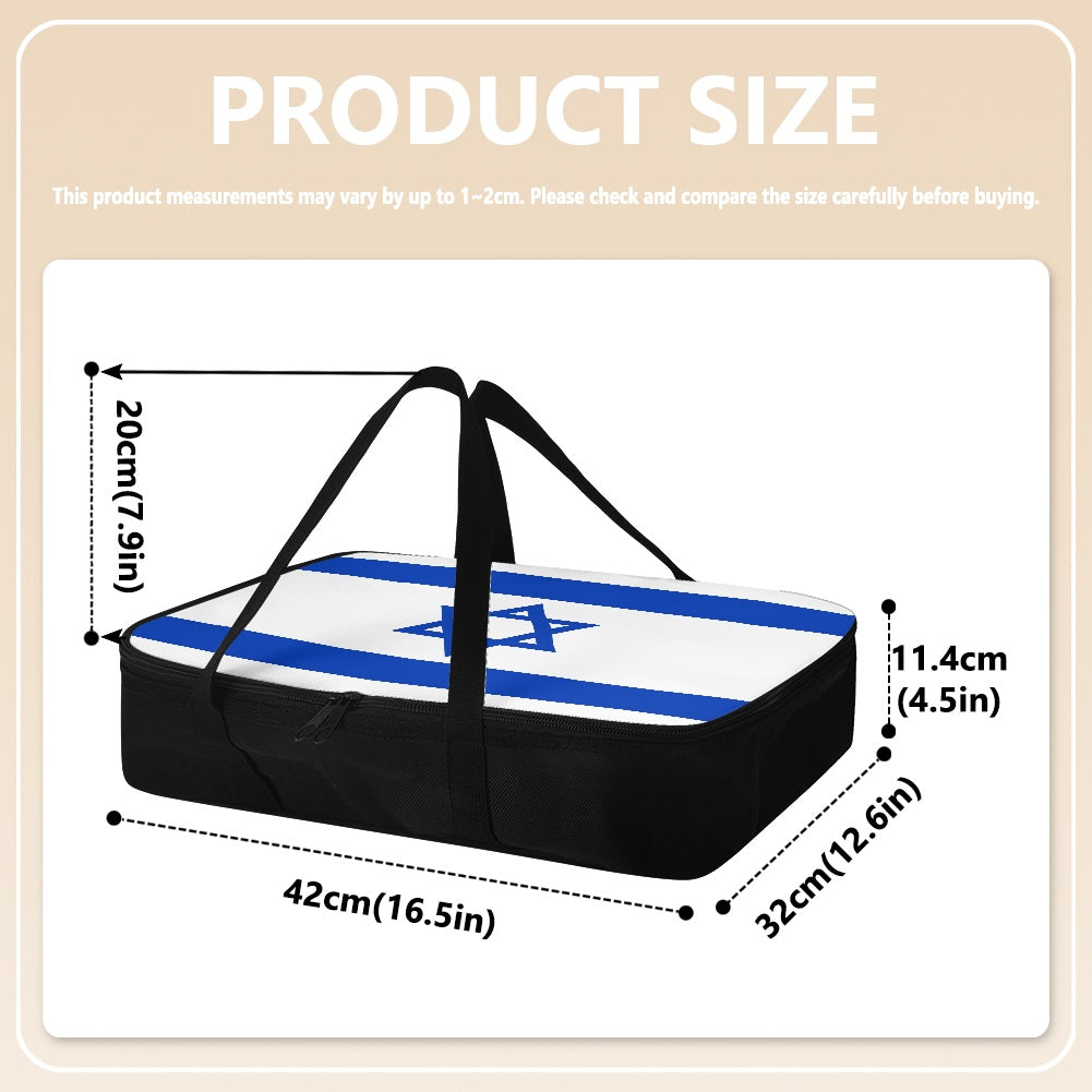 [Brand] pizza bag with Israeli flag design, product dimensions illustrated.