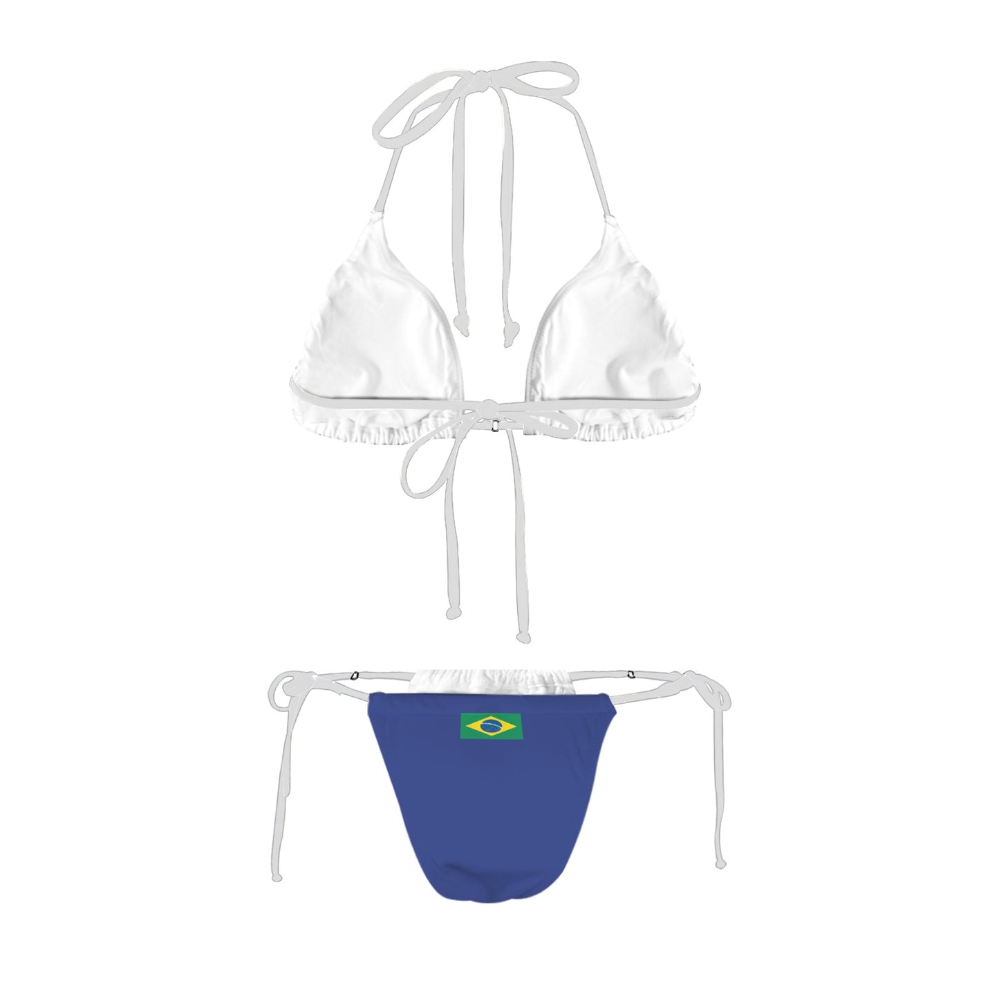 White top, blue bottoms bikini with Brazilian flag, [Brand].