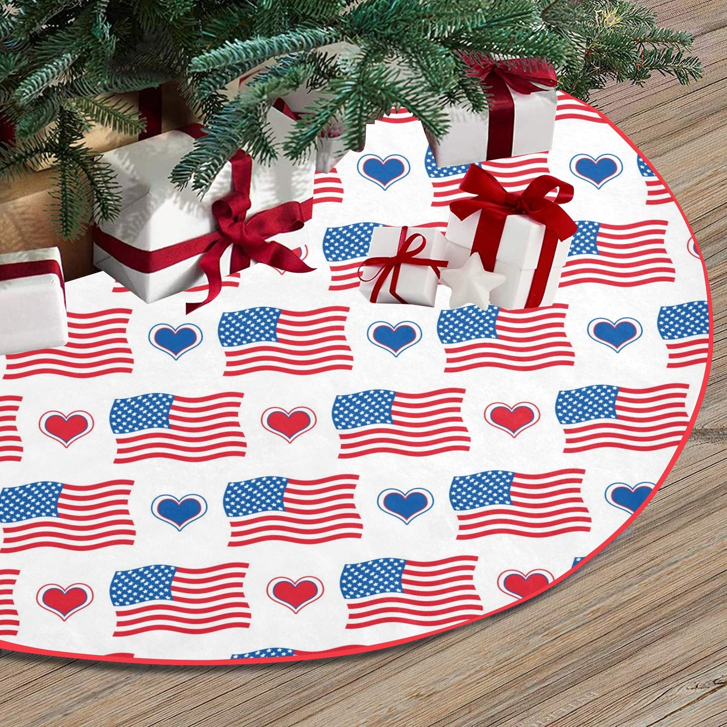 US/American Flag/Heart Pattern Thick Christmas Tree Skirt 47" x 47"