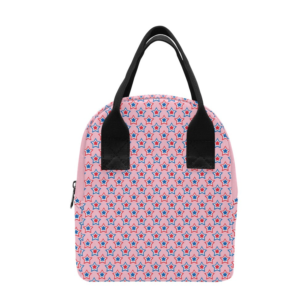 USA:American Flag Inspired Red, White & Blue Stars on Pink Insulated Lunch Bag