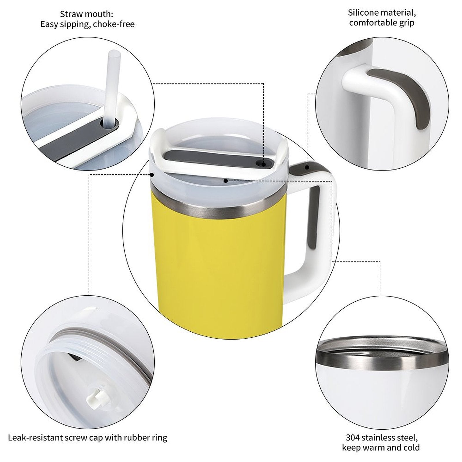 Yellow [Brand] tumbler with straw, silicone grip, stainless steel.