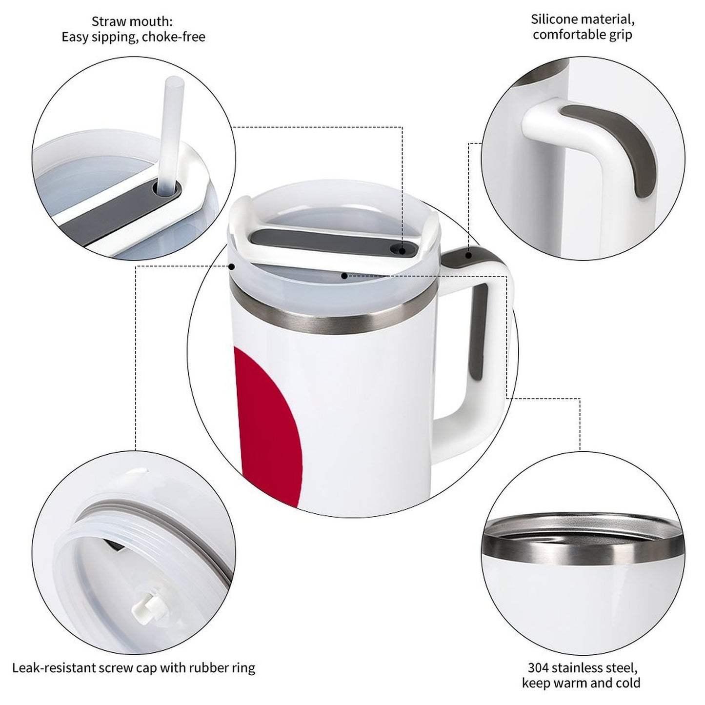 [Brand] tumbler with silicone grip, straw, and stainless steel.