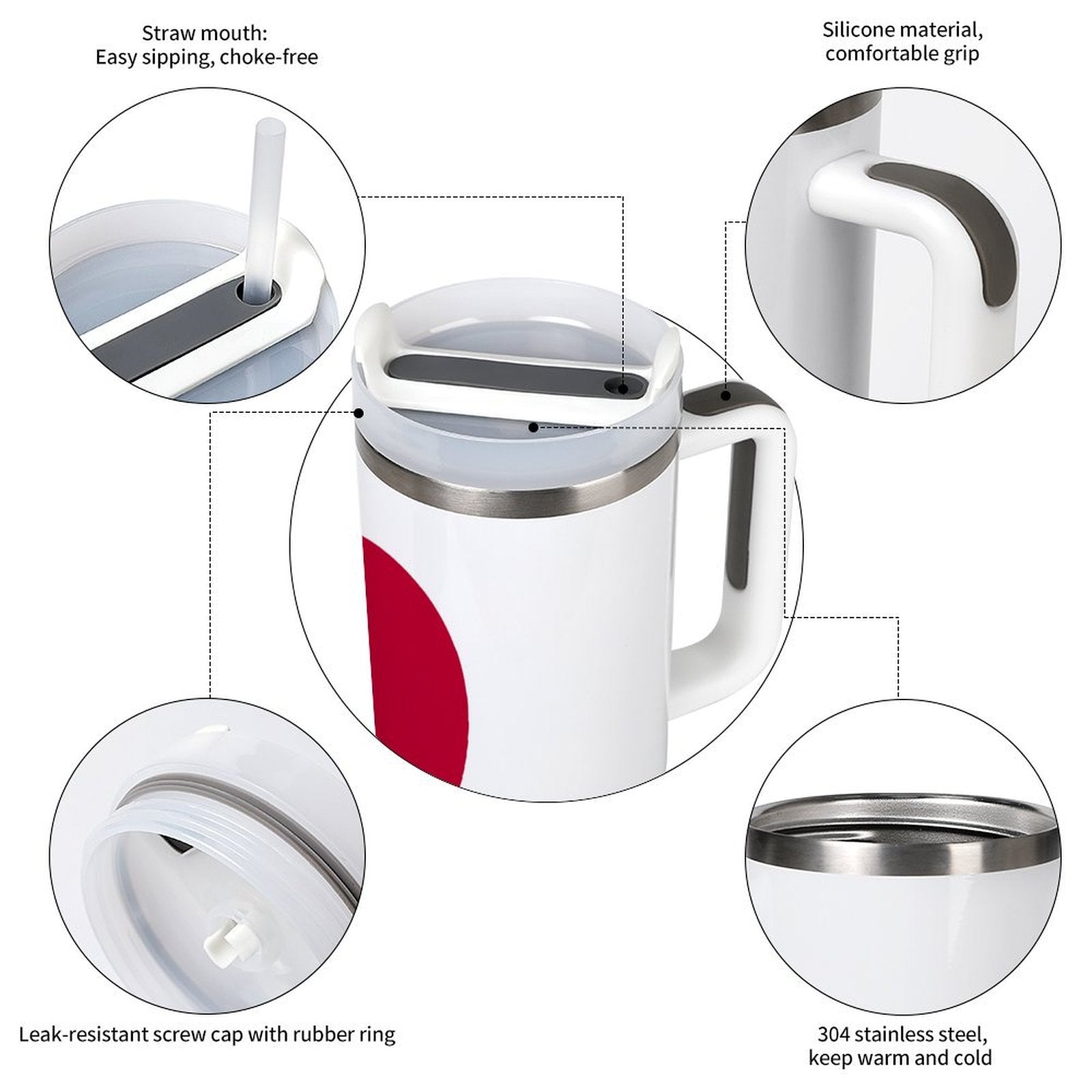 [Brand] tumbler with silicone grip, straw, and stainless steel.
