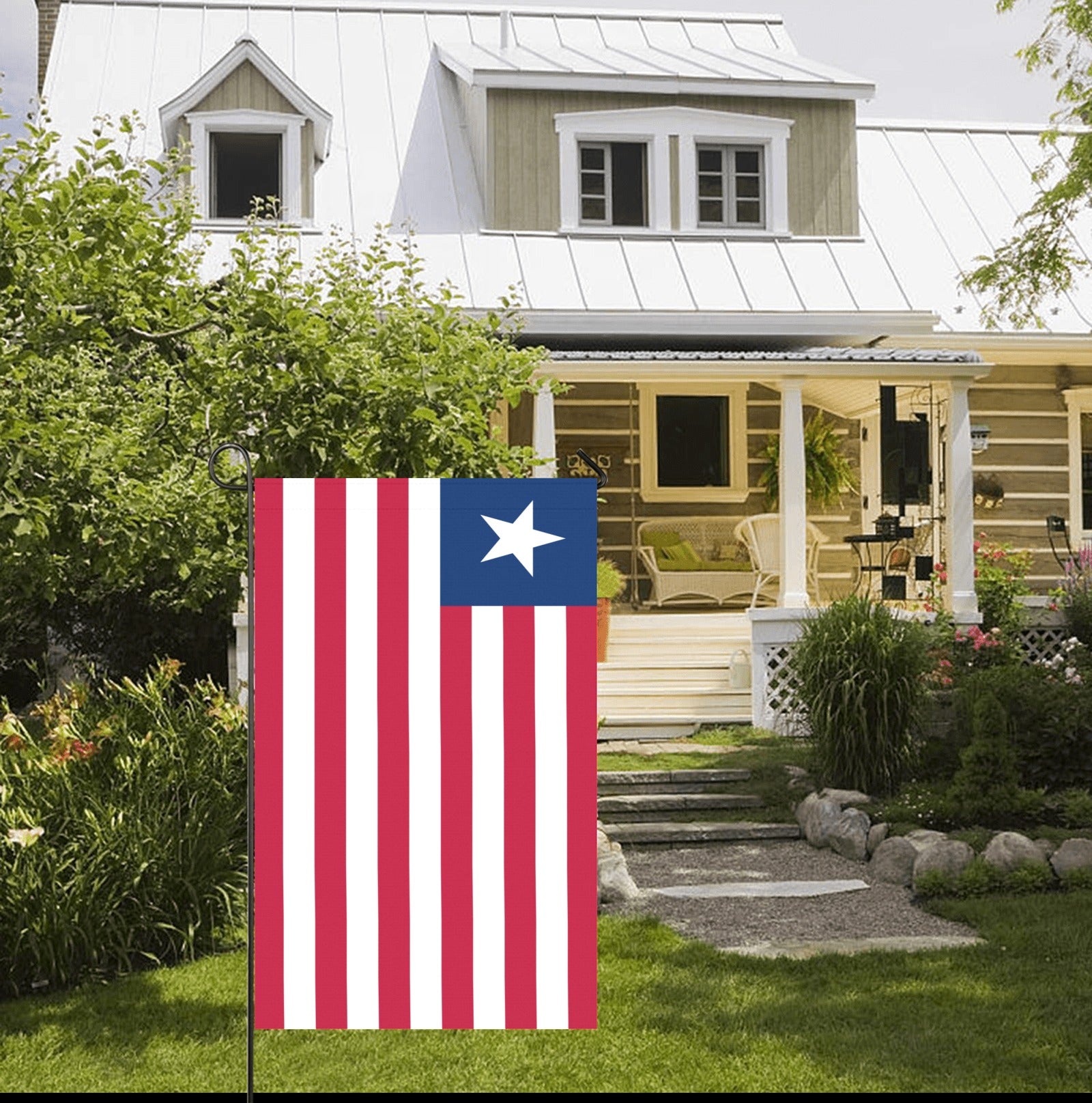 [Luv My Flag] garden flag outside charming cottage with porch.