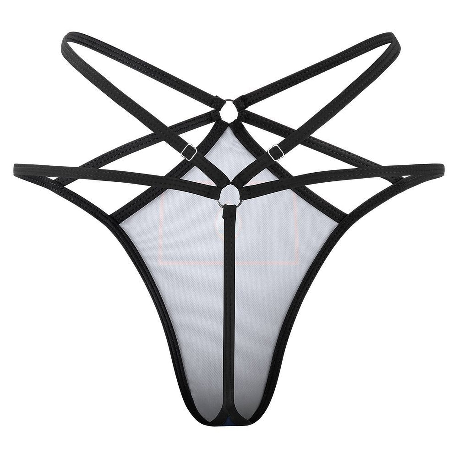 [Brand] black strappy harness lingerie, intricate design, minimalist style.