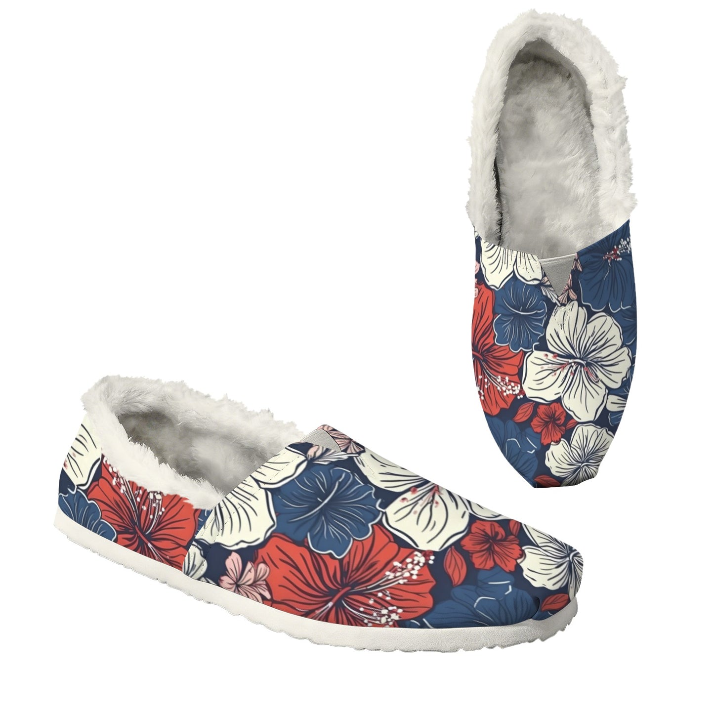 USA/American Flag Inspired Hawaiian Floral Pattern Women's Fleece-Lined Canvas Slip-On