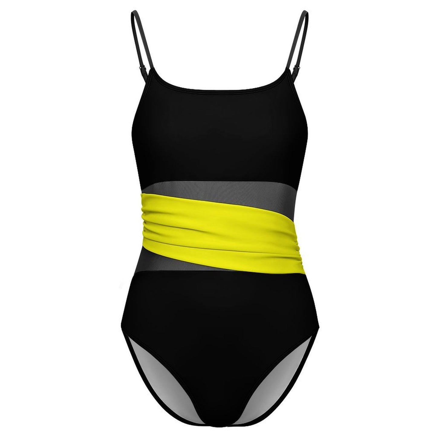 Thin Gold Line Flag Inspired Women's Square Neck Mesh Spliced One Piece Swimsuit