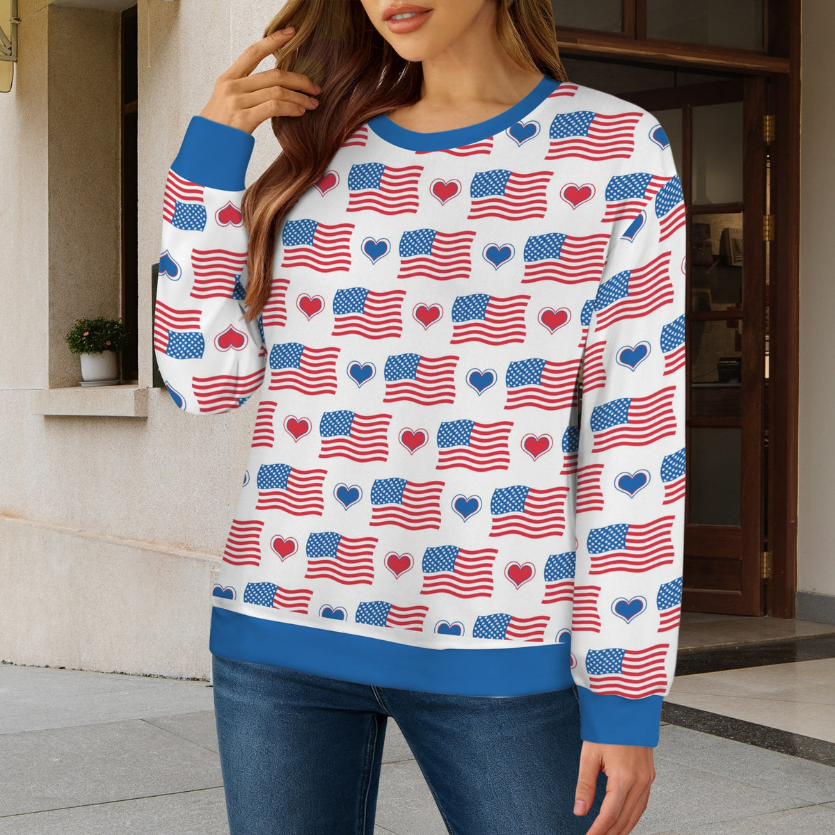 USA/American Flag Inspired Flag and Hearts Pattern Women's Crew Neck Sweater Printed in the USA