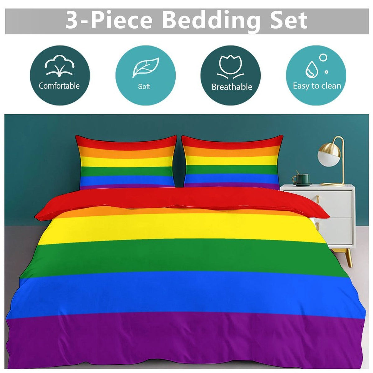 Rainbow Flag Inspired 3-Piece Bedding Set (1 Duvet Cover + 2 Pillow Shams) – 102"×90"