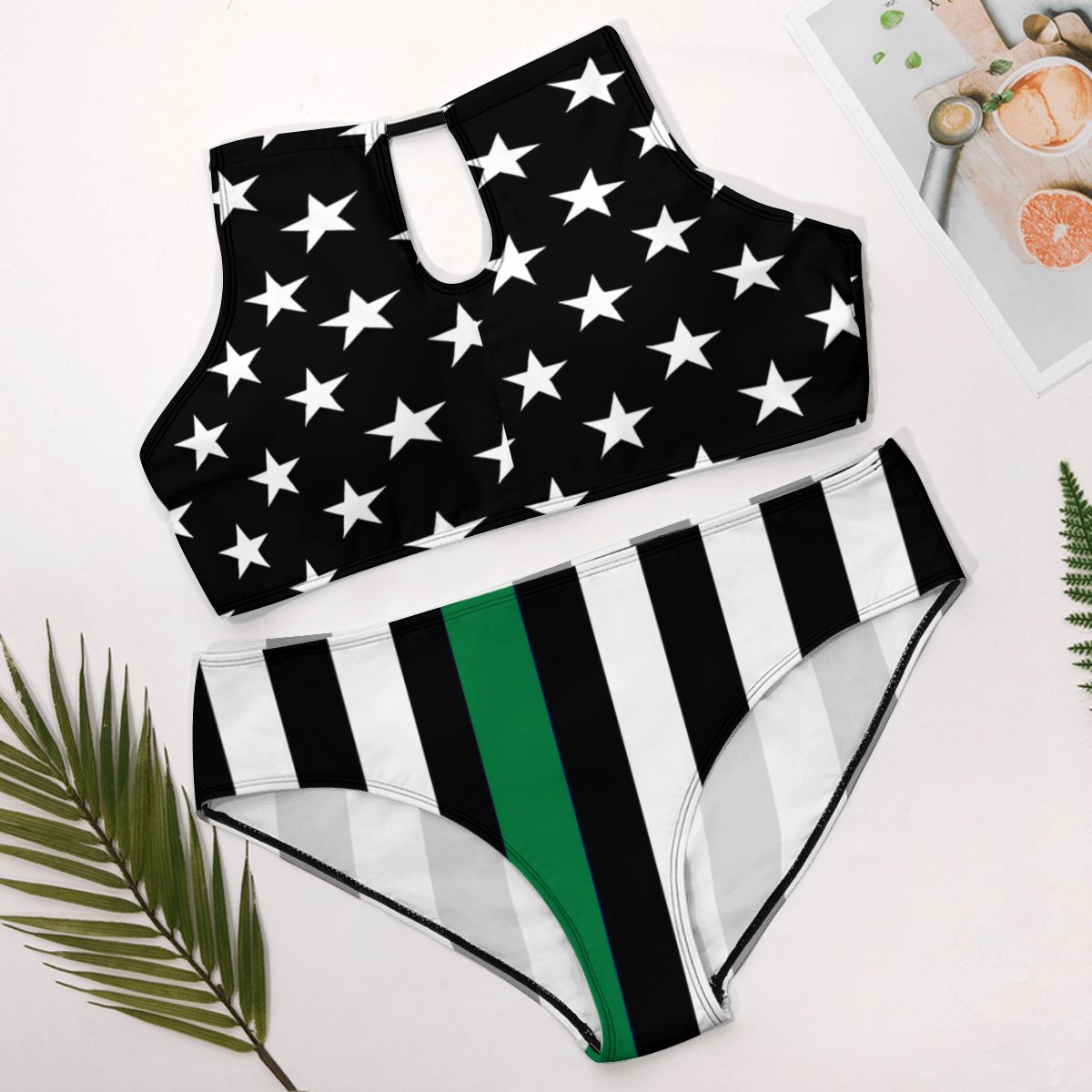 Thin Green Line Flag Inspired Plus Size High Waisted Bikini