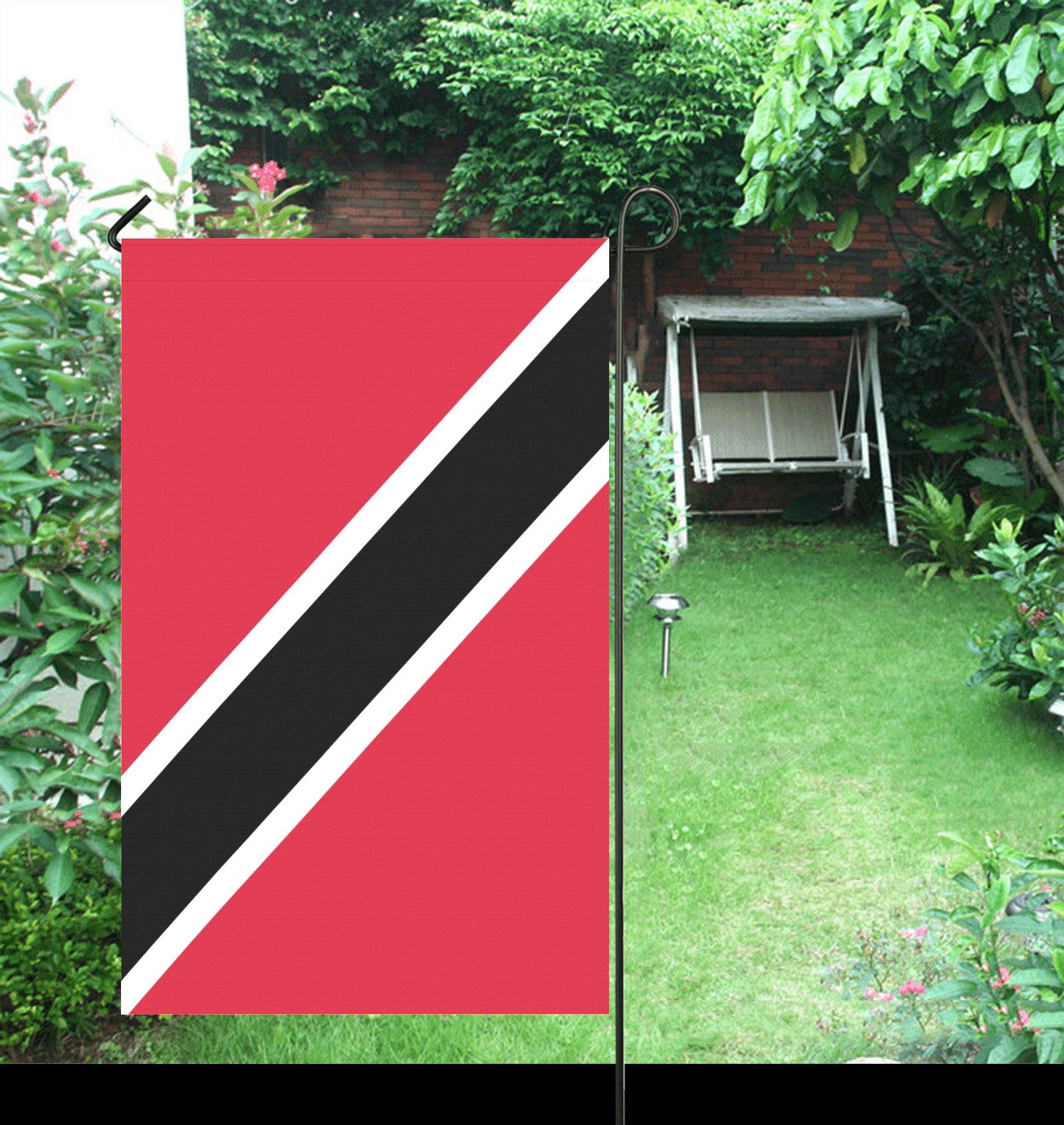 Garden flag on pole with red, black design, [Luv My Flag].