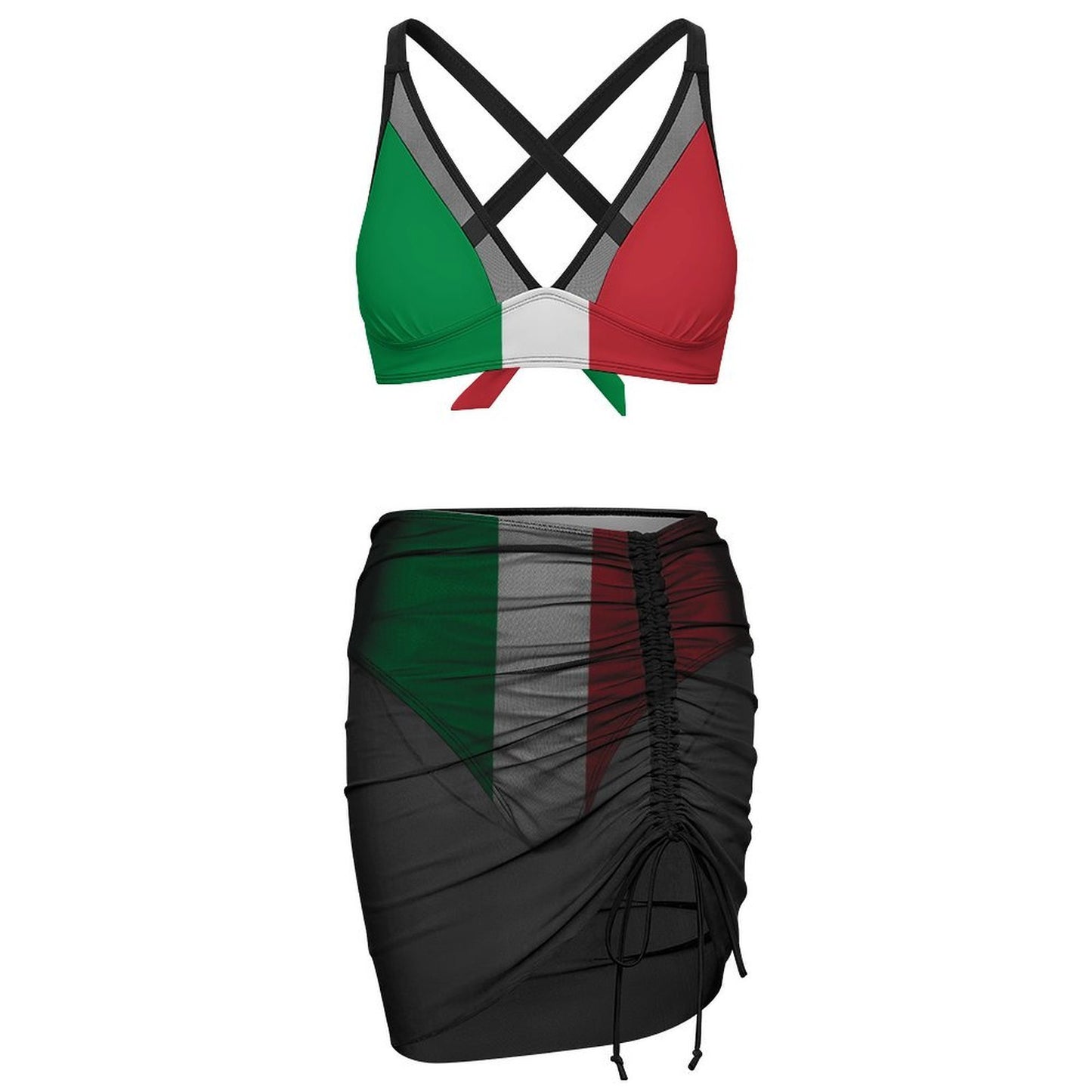 Italy Flag Inspired Women's Mesh Drawstring Skirt and Swimsuit Set