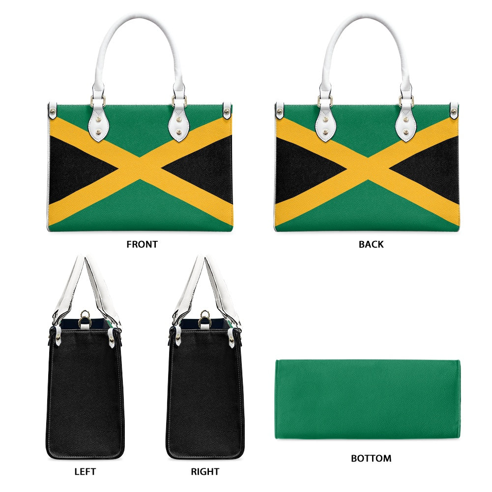 [Brand] handbag featuring Jamaican flag pattern, multiple views shown.