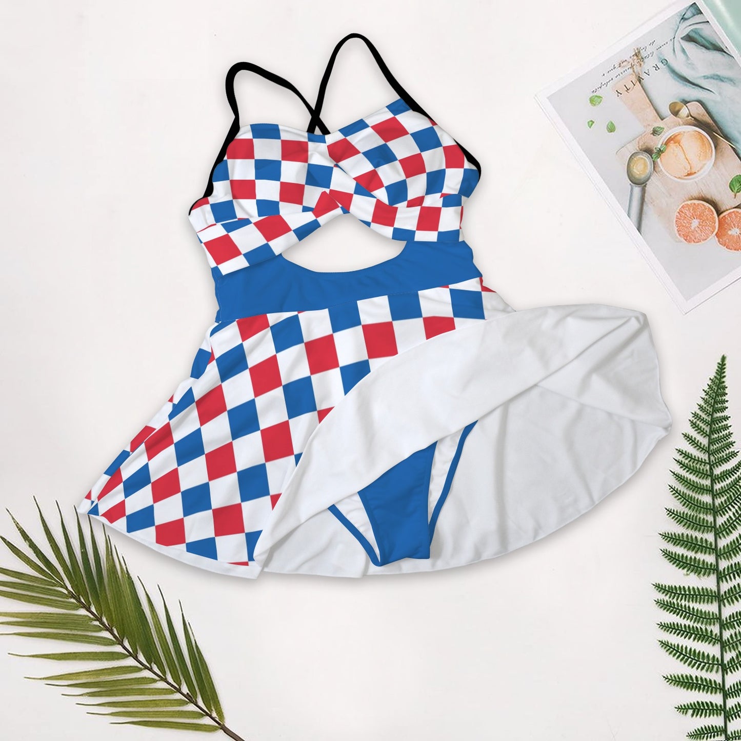 USA/American Flag Inspired Checkered Pattern Women's One-Piece Swimsuit with Cutout Crisscross Back