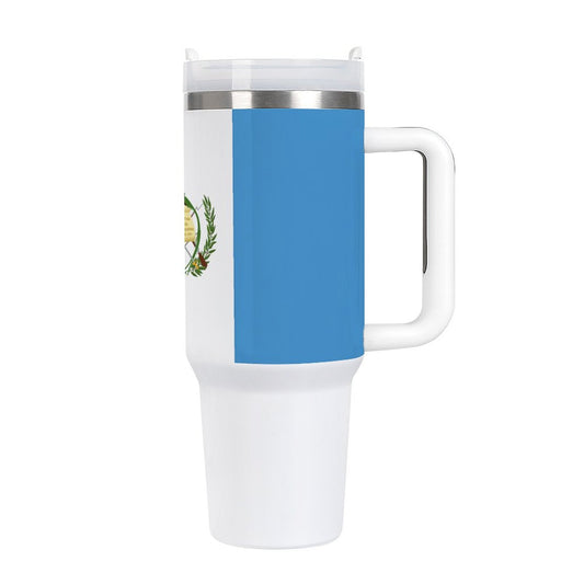 [Brand] mug featuring blue and white design with handle.