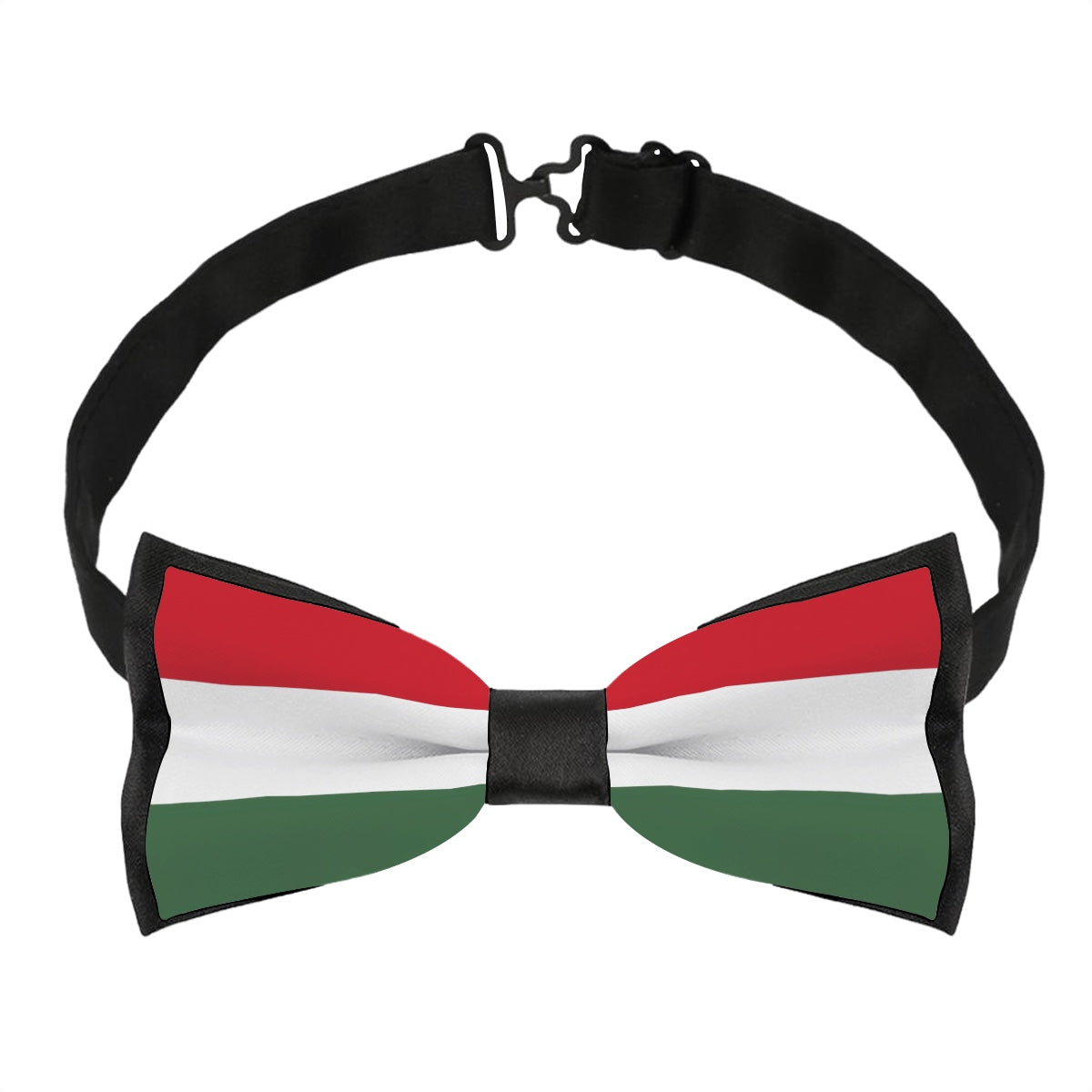 [Brand] bow tie with red, white, green stripes.
