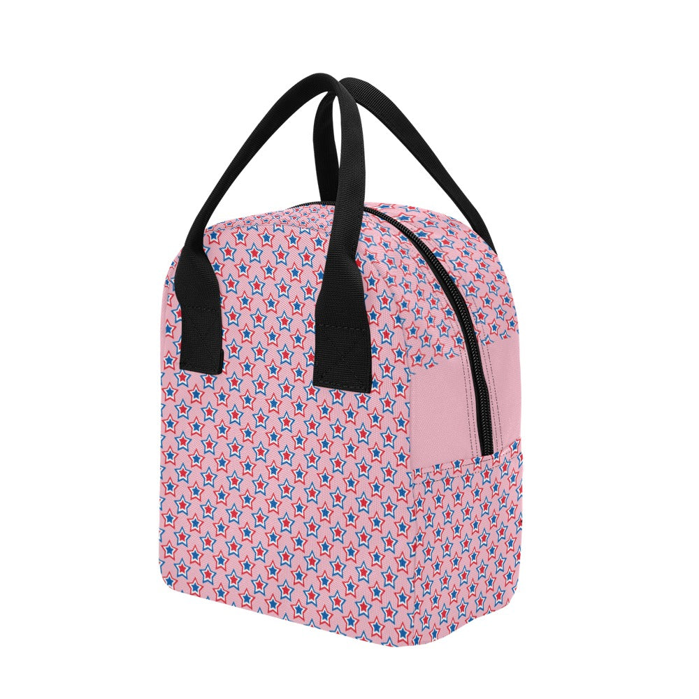 USA:American Flag Inspired Red, White & Blue Stars on Pink Insulated Lunch Bag