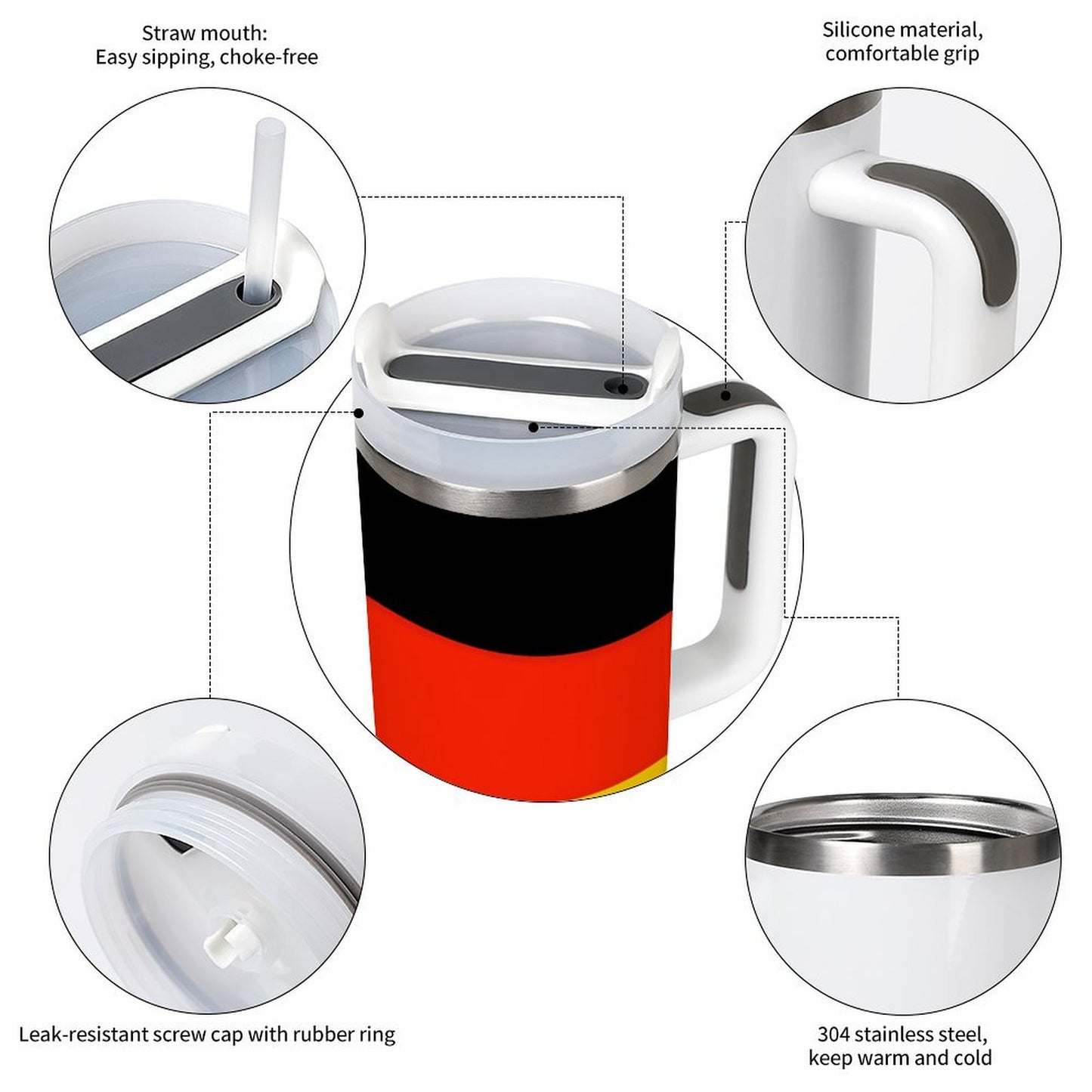 Red and black [Brand] mug with straw and handle features.