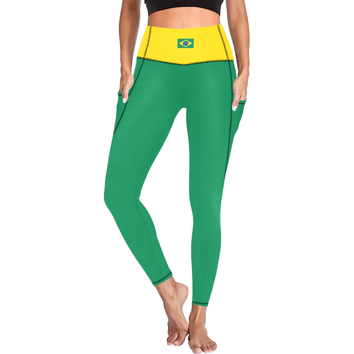 Brazil Flag Inspired Women’s High Waist Leggings with Pockets