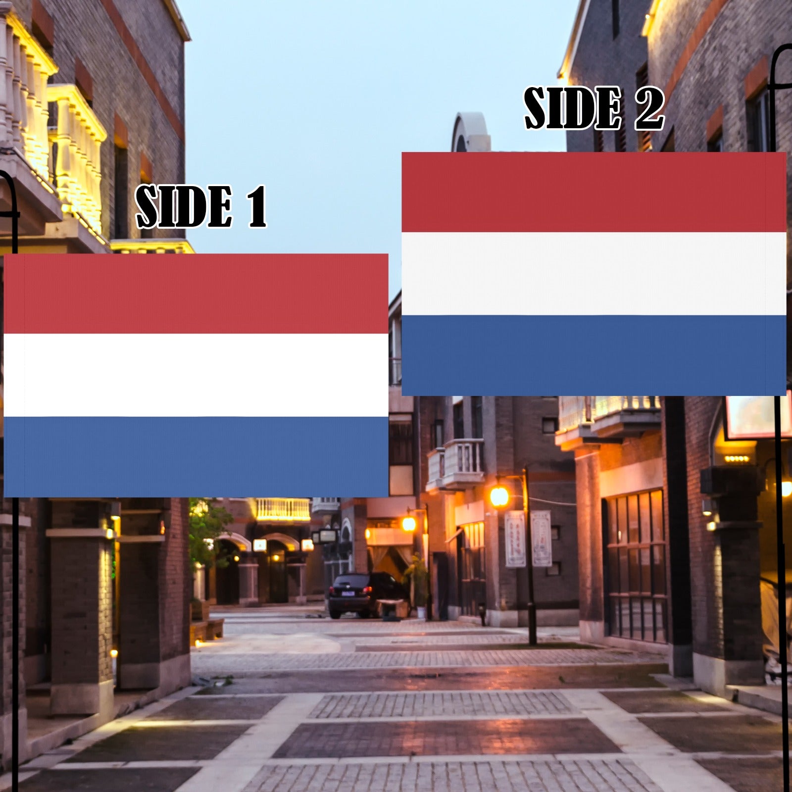 Street scene with two Luv My Flag Dutch flags.