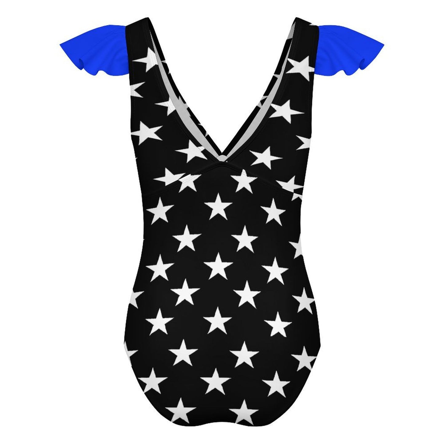 Thin Blue Line Flag Inspired Women's V-neck Ruffle Sleeve One Piece Swimsuit