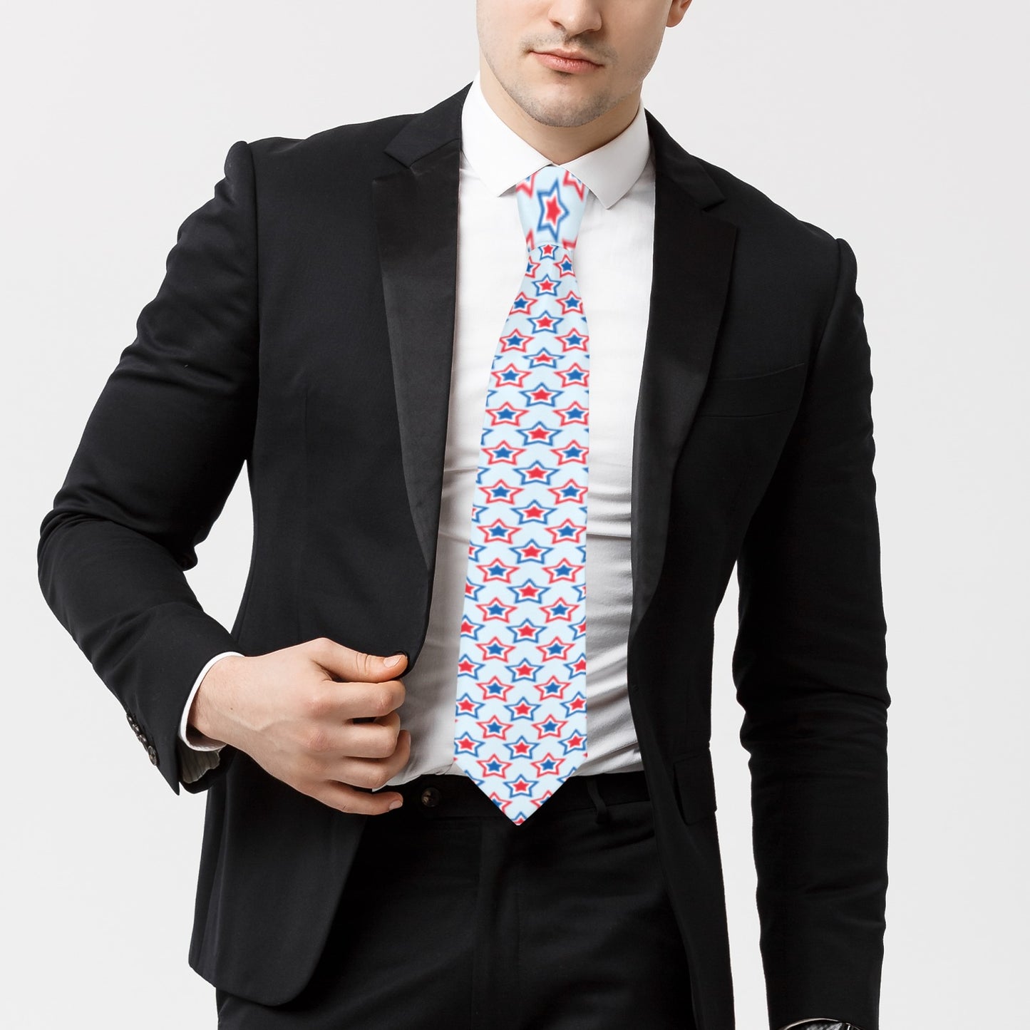 USA/American Flag Inspired Red, White & Blue Stars Pattern Classic Necktie (Two Sides)