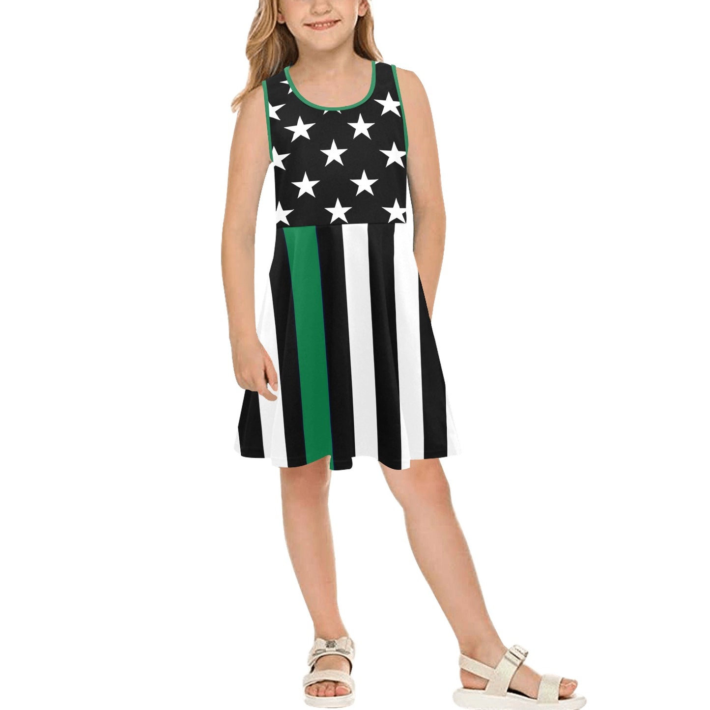 Thin Green Line Flag Inspired Girls' Sleeveless Sundress | Ships from USA