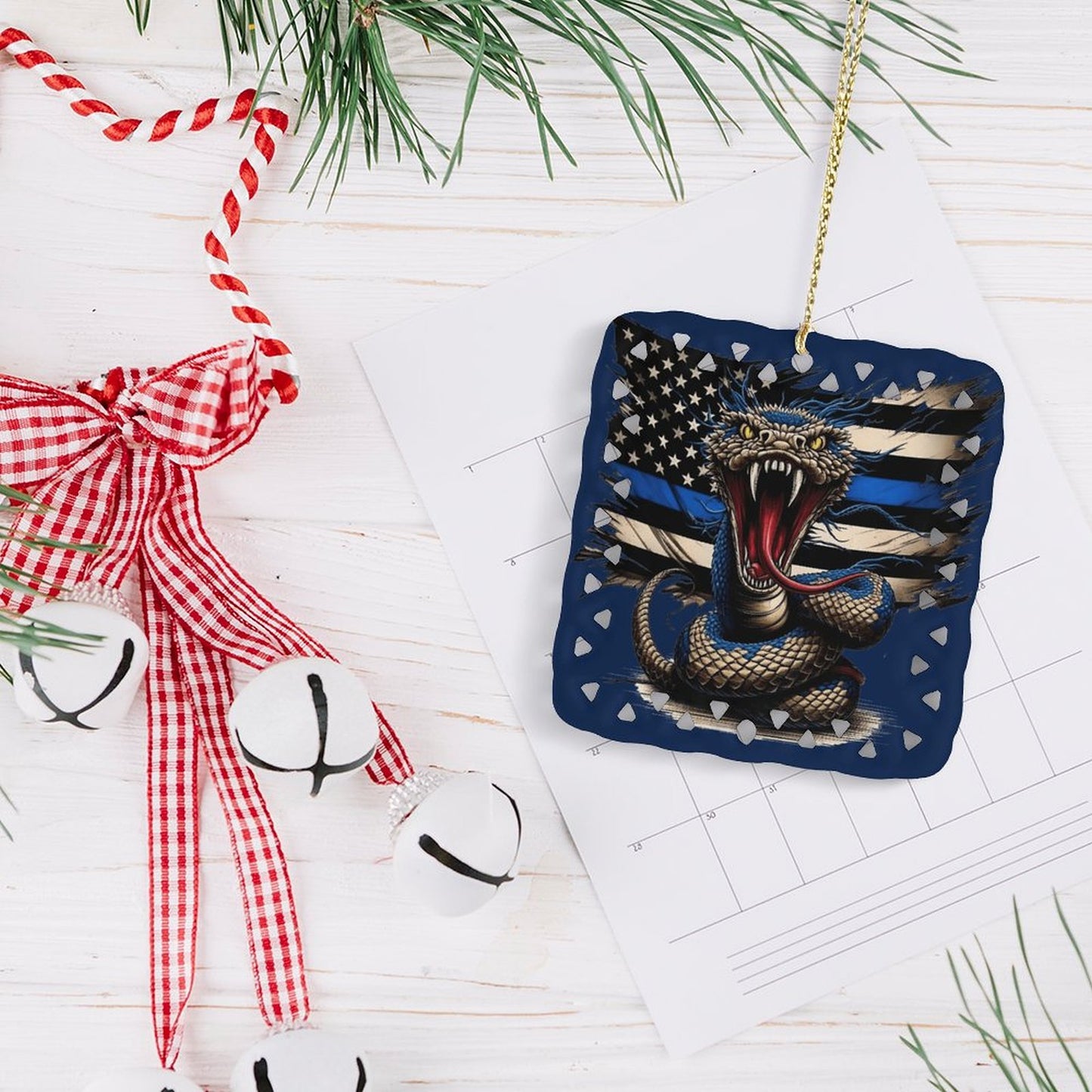 Thin Blue Line Flag Inspired Snake Square Ceramic Ornament Made in the USA
