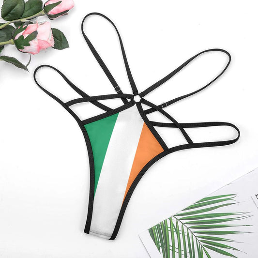 [Brand] bikini thong with Irish flag design and straps.