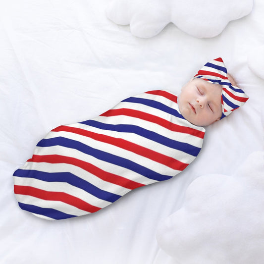 USA/American Flag Inspired Stripes Pattern Baby Swaddle Sack with Baby Headband